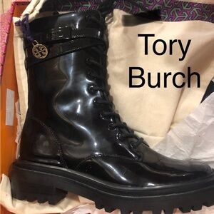Tory Burch Glossy Black Lace-Up Boots